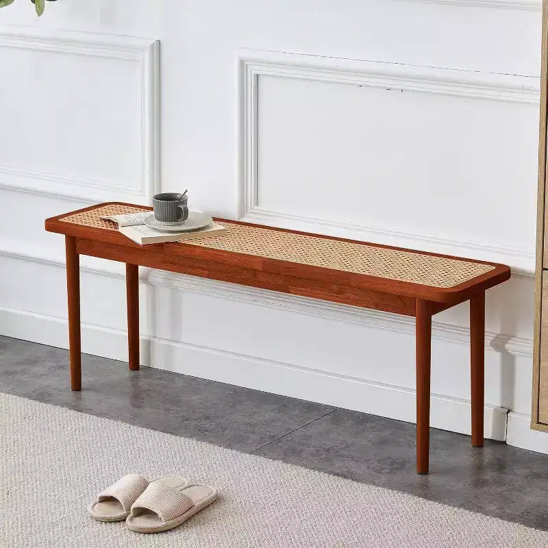 Banc d'entrée en bois de noyer et rotin, 2 places, 119 cm