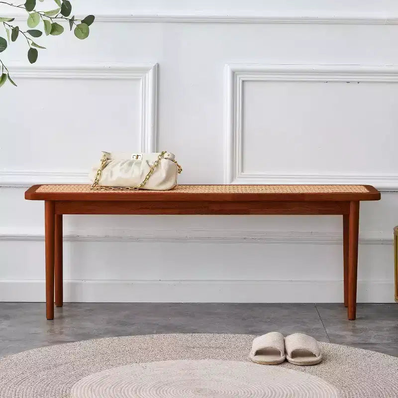 Banc d'entrée en bois de noyer et rotin, 2 places, 119 cm