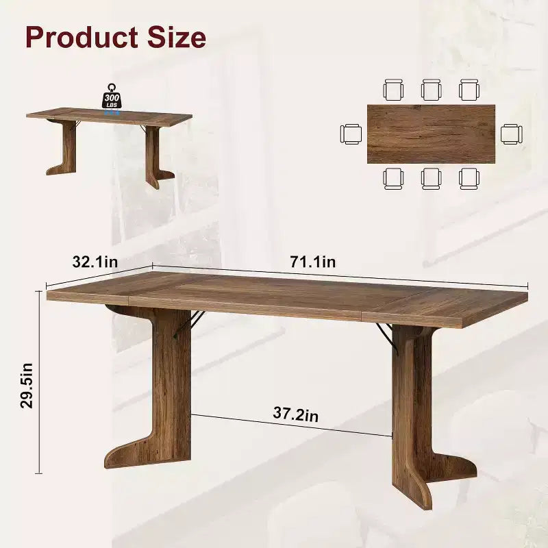 Table à manger rectangulaire 71 po en noir/noyer/bois, 6 à 8 places, piètement original