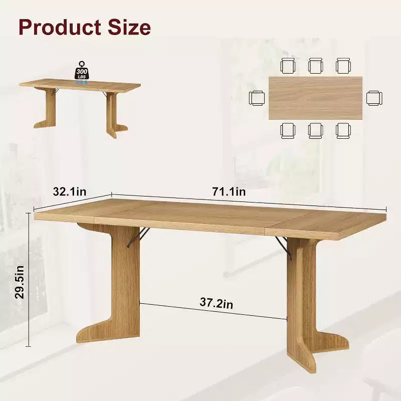 Table à manger rectangulaire 71 po en noir/noyer/bois, 6 à 8 places, piètement original