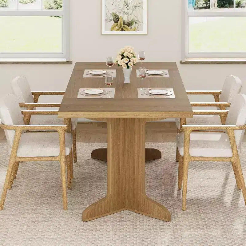 Table à manger rectangulaire 71 po en noir/noyer/bois, 6 à 8 places, piètement original
