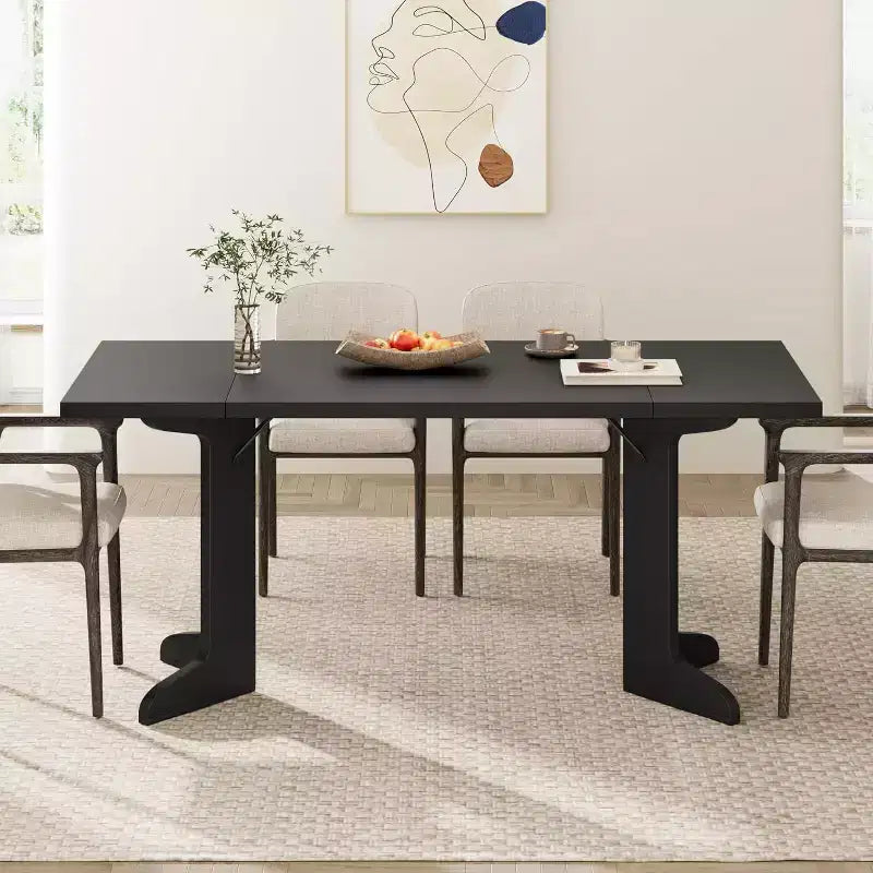 Table à manger rectangulaire 71 po en noir/noyer/bois, 6 à 8 places, piètement original