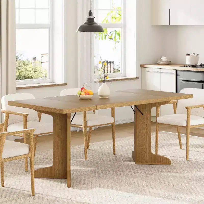 Table à manger rectangulaire 71 po en noir/noyer/bois, 6 à 8 places, piètement original