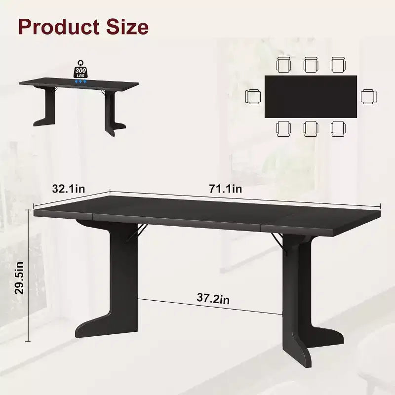 Table à manger rectangulaire 71 po en noir/noyer/bois, 6 à 8 places, piètement original