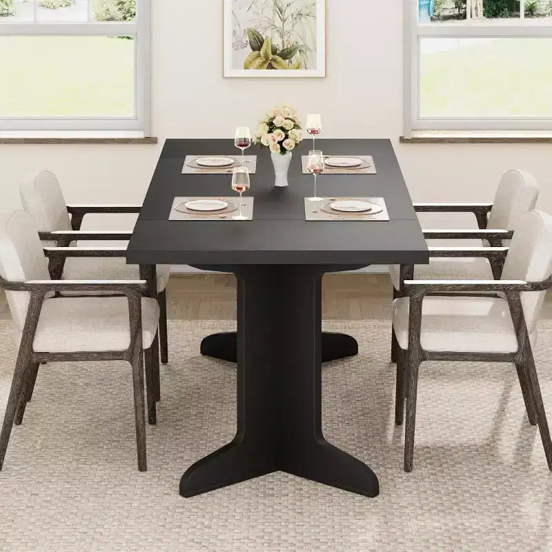 Table à manger rectangulaire 71 po en noir/noyer/bois, 6 à 8 places, piètement original