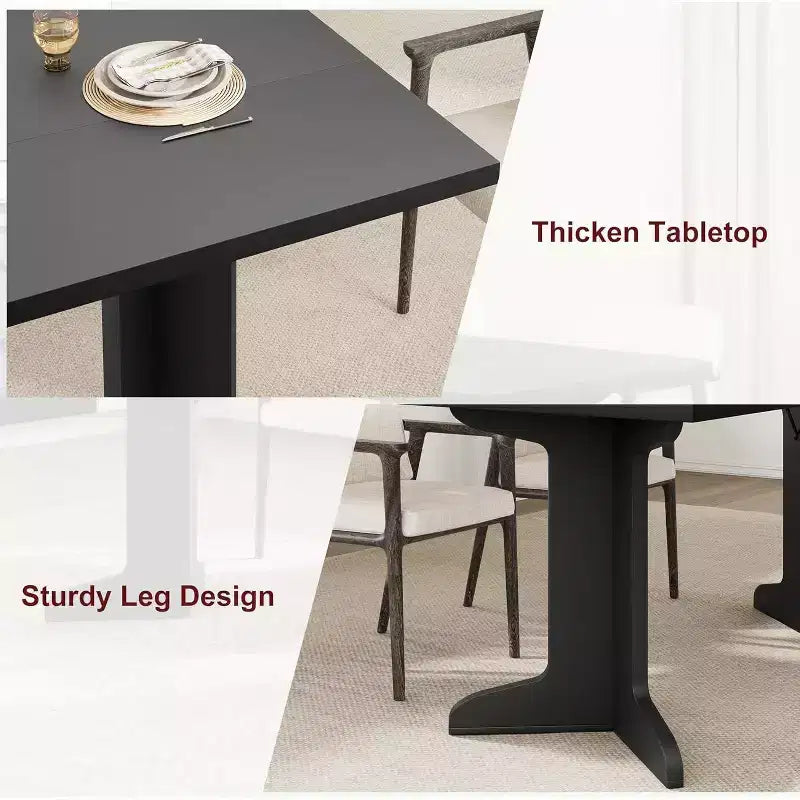 Table à manger rectangulaire 71 po en noir/noyer/bois, 6 à 8 places, piètement original