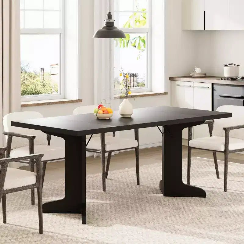 Table à manger rectangulaire 71 po en noir/noyer/bois, 6 à 8 places, piètement original