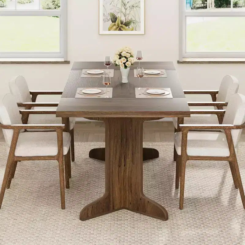 Table à manger rectangulaire 71 po en noir/noyer/bois, 6 à 8 places, piètement original