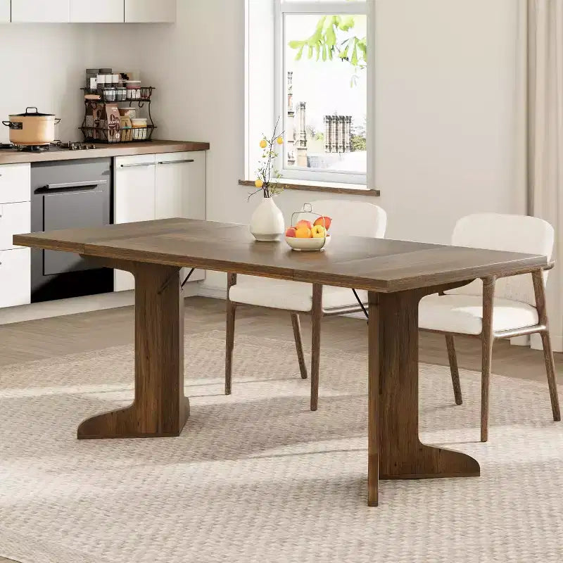 Table à manger rectangulaire 71 po en noir/noyer/bois, 6 à 8 places, piètement original