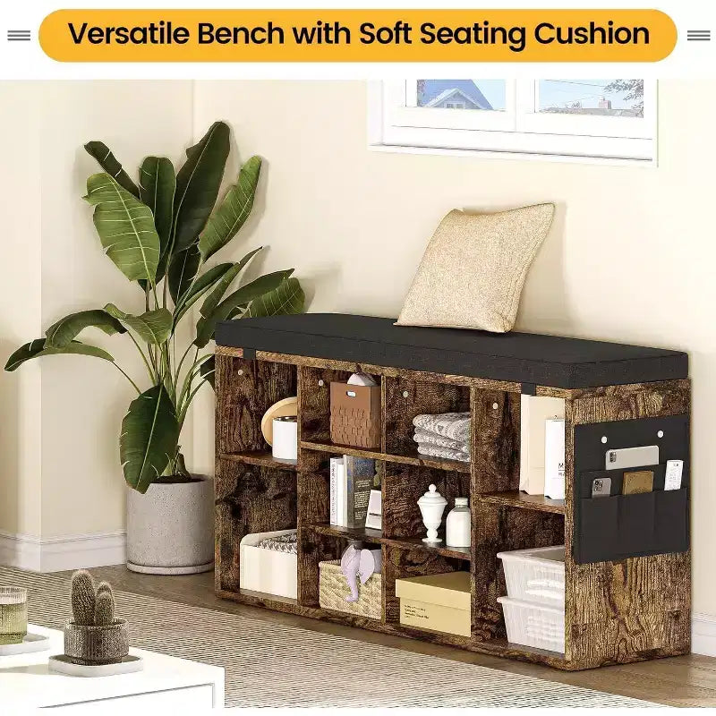 Banc de rangement pour chaussures rembourré beige avec coussin, 10 casiers, 2 personnes