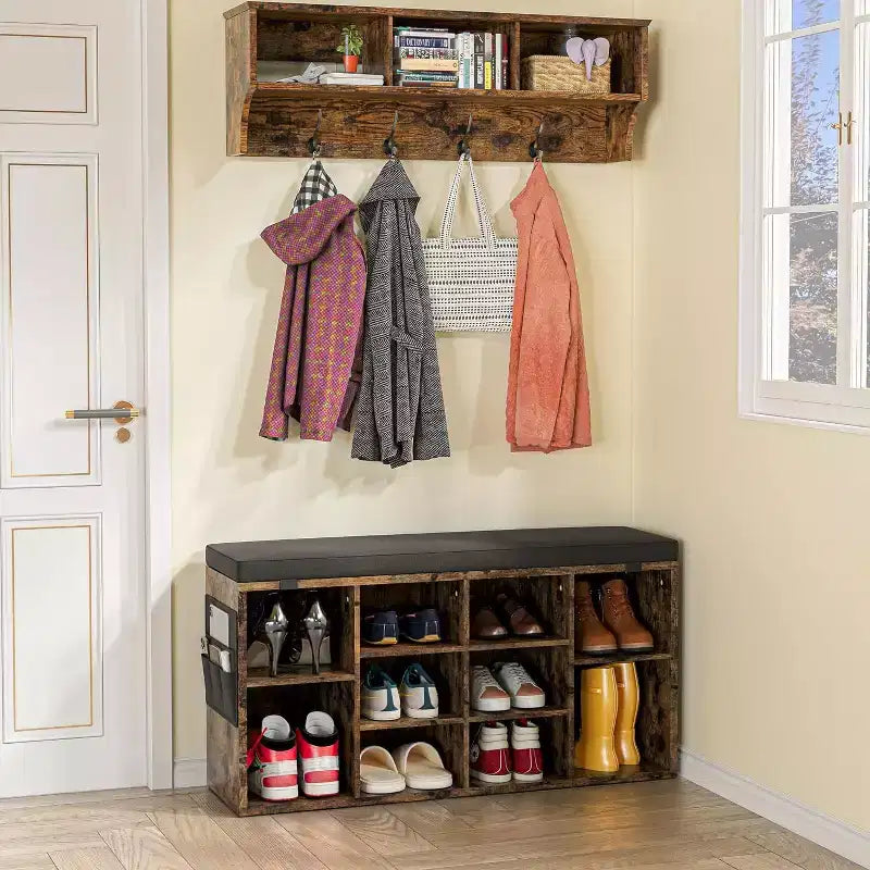 Banc de rangement pour chaussures rembourré beige avec coussin, 10 casiers, 2 personnes