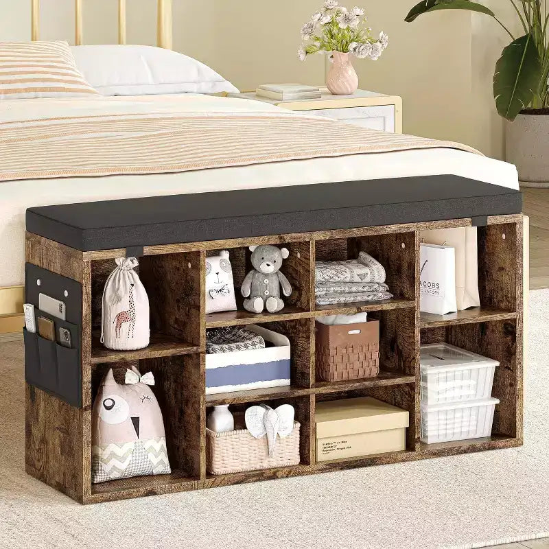 Banc de rangement pour chaussures rembourré beige avec coussin, 10 casiers, 2 personnes