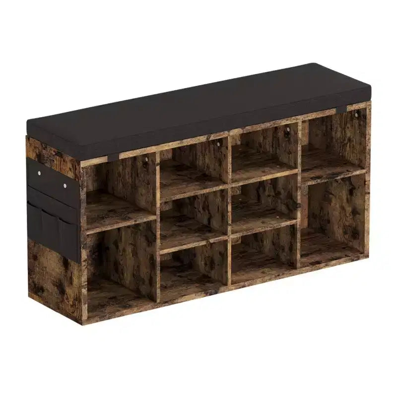Banc de rangement pour chaussures rembourré beige avec coussin, 10 casiers, 2 personnes