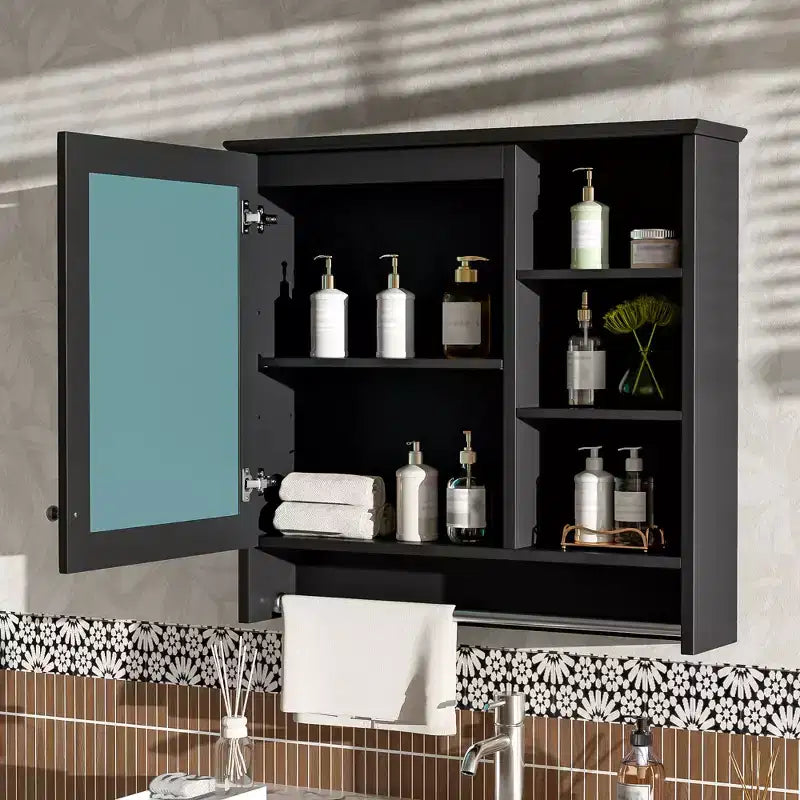 Armoire de toilette murale noire/blanche avec rangement, pour une personne, étagère réglable