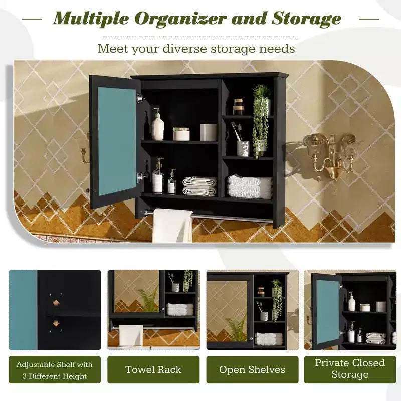 Armoire de toilette murale noire/blanche avec rangement, pour une personne, étagère réglable