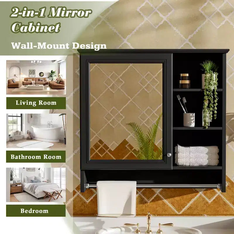 Armoire de toilette murale noire/blanche avec rangement, pour une personne, étagère réglable