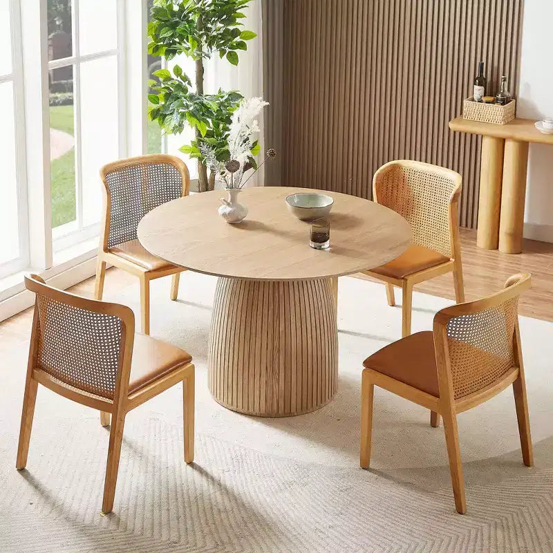 Table de salle à manger ronde en chêne/noyer, piètement central, pour 6 personnes maximum