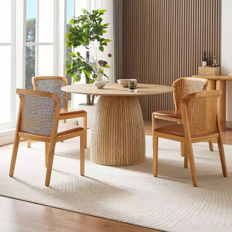 Table de salle à manger ronde en chêne/noyer, piètement central, pour 6 personnes maximum