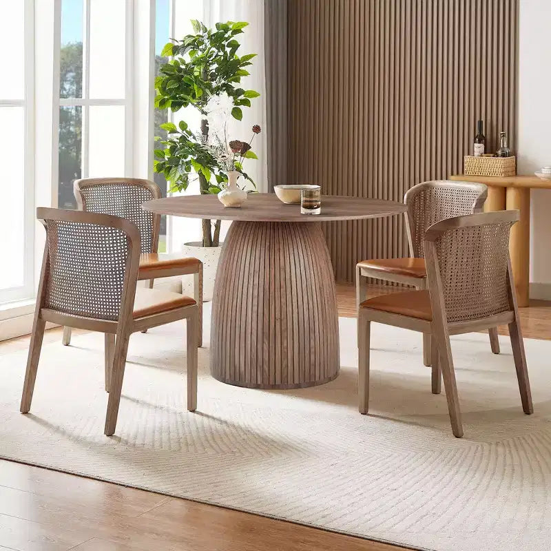 Table de salle à manger ronde en chêne/noyer, piètement central, pour 6 personnes maximum