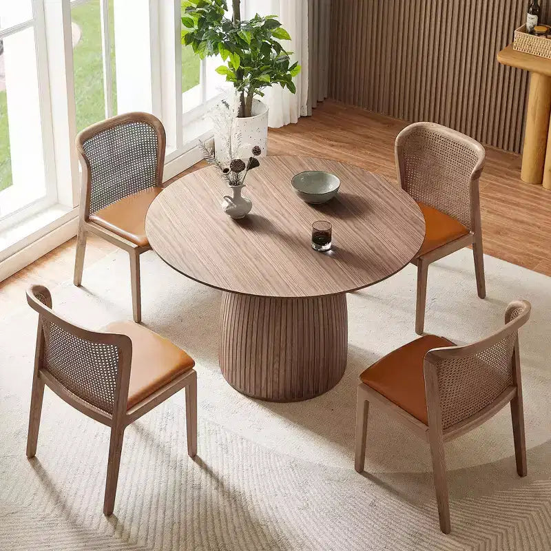 Table de salle à manger ronde en chêne/noyer, piètement central, pour 6 personnes maximum
