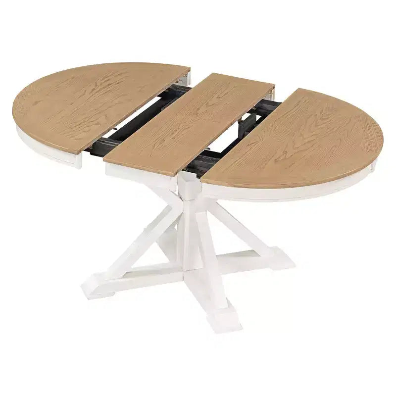 Espresso / Bois naturel blanchi / Blanc+Naturel | Table à manger ronde extensible Mid-Century | 4 à 6 places