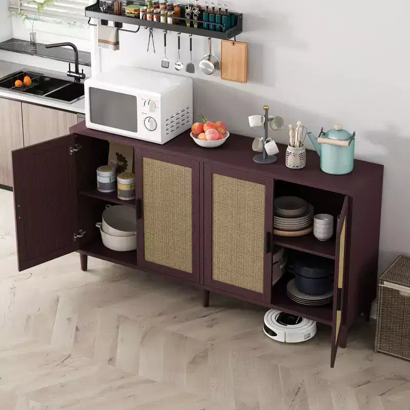 Buffet/bahut en rotin, noir/naturel/marron, 4 portes, étagères réglables – Montage par 1 personne