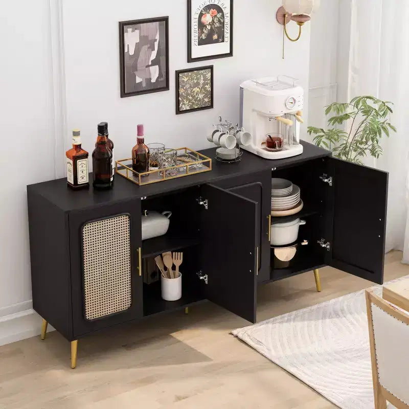 Buffet/bahut en rotin, noir/naturel/marron, 4 portes, étagères réglables – Montage par 1 personne
