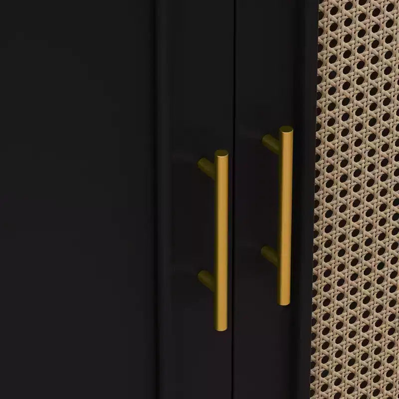 Buffet/bahut en rotin, noir/naturel/marron, 4 portes, étagères réglables – Montage par 1 personne