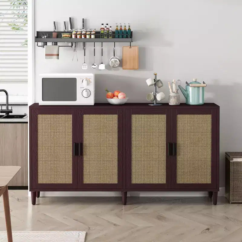 Buffet/bahut en rotin, noir/naturel/marron, 4 portes, étagères réglables – Montage par 1 personne