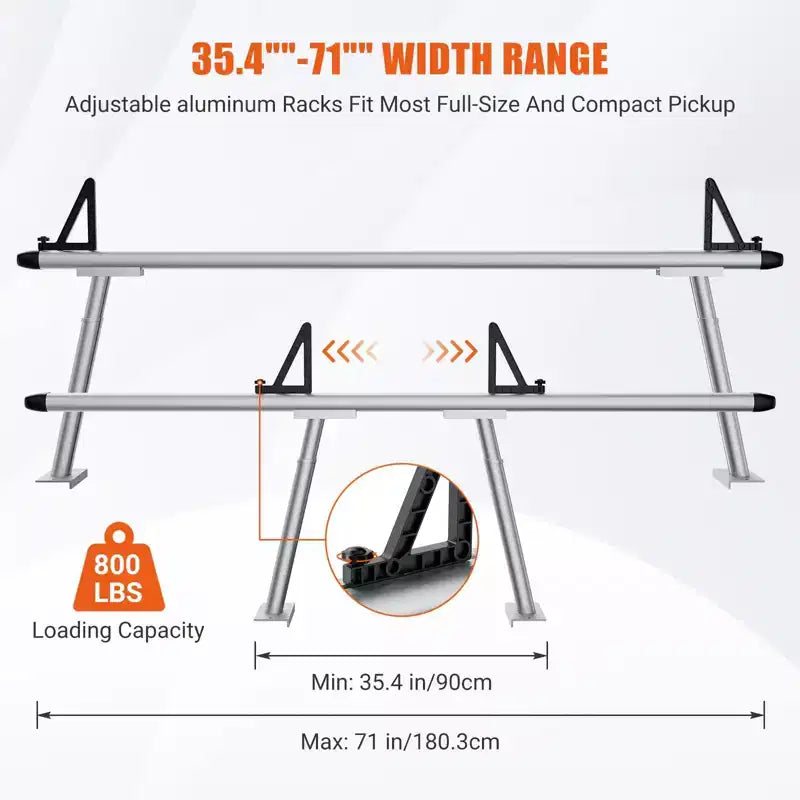 Porte-bagages de benne de pick-up en acier noir et aluminium, capacité de 360 kg, installation par 1 personne, ajustement universel