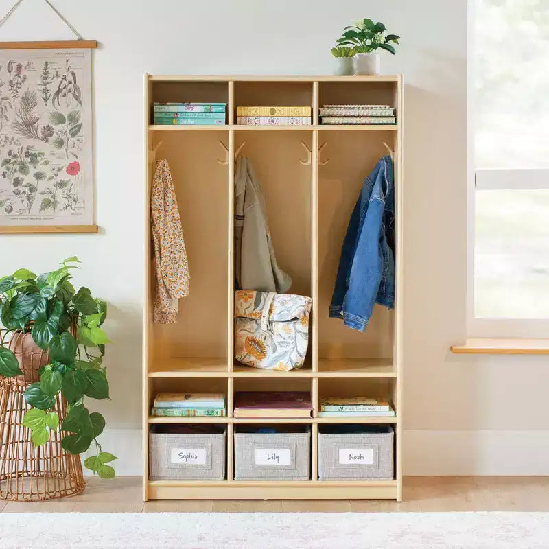 Vestiaire de rangement en bois à 3 sections naturel/blanc – Pour les enfants de 3 ans et plus