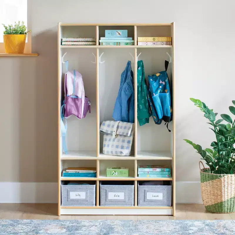 Vestiaire de rangement en bois à 3 sections naturel/blanc – Pour les enfants de 3 ans et plus