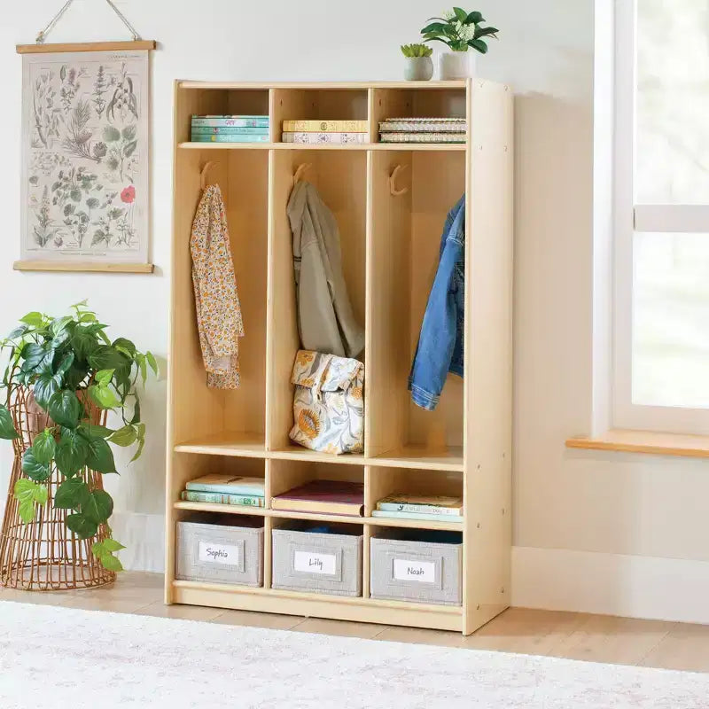 Guidecraft EdQ 3-Section Wooden Storage Locker for Classroom, Kids Cubby Organizer with Shelves and Hooks for Coats