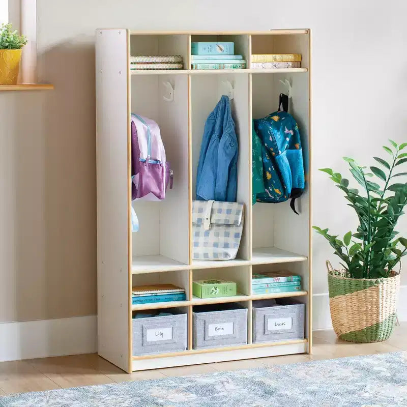 Vestiaire de rangement en bois à 3 sections naturel/blanc – Pour les enfants de 3 ans et plus