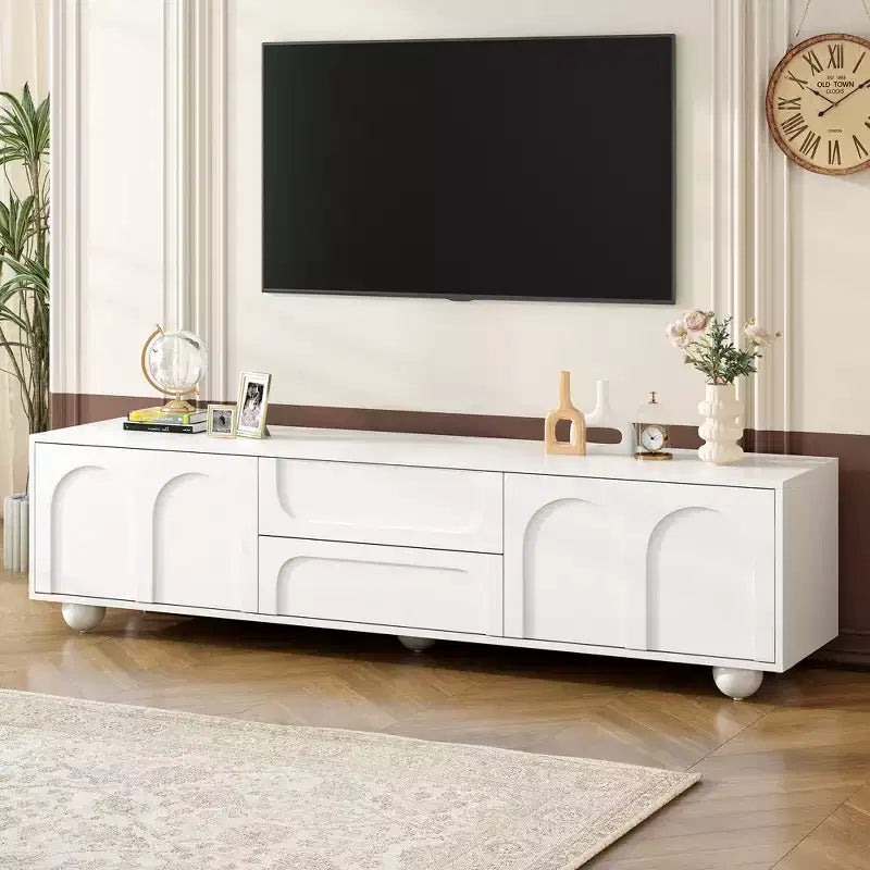 Meuble TV avec portes arquées et 2 tiroirs, Noir/Blanc, Convient aux téléviseurs jusqu'à 75", 1 pièce