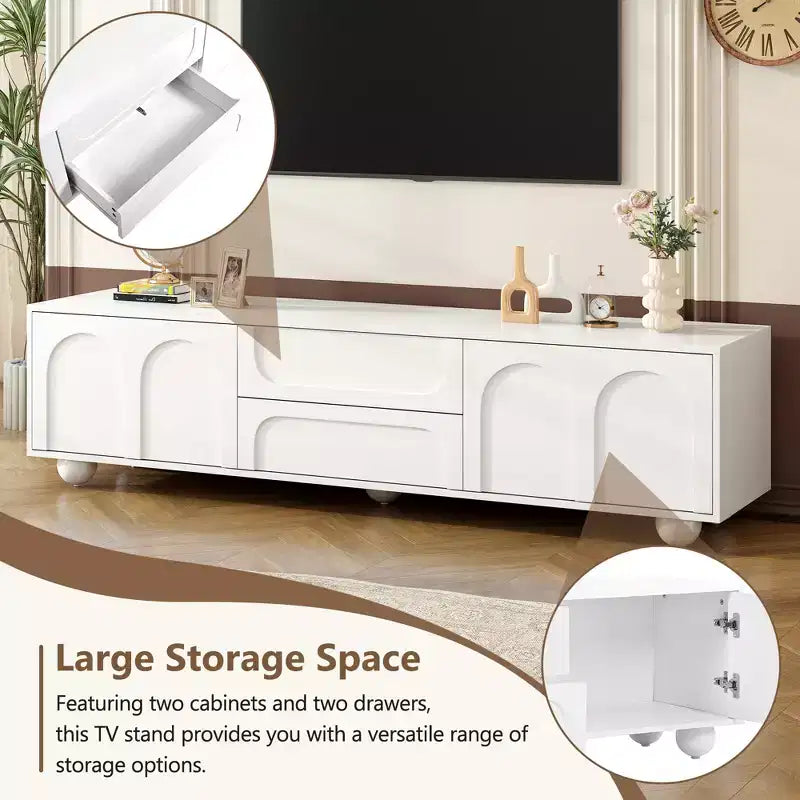 Meuble TV avec portes arquées et 2 tiroirs, Noir/Blanc, Convient aux téléviseurs jusqu'à 75", 1 pièce