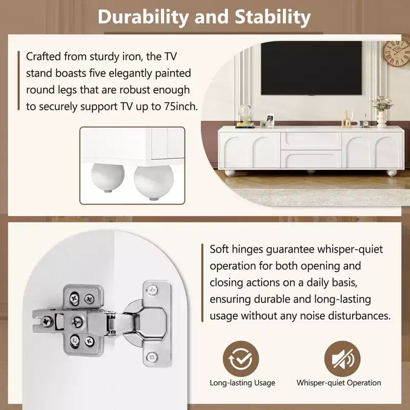 Meuble TV avec portes arquées et 2 tiroirs, Noir/Blanc, Convient aux téléviseurs jusqu'à 75", 1 pièce