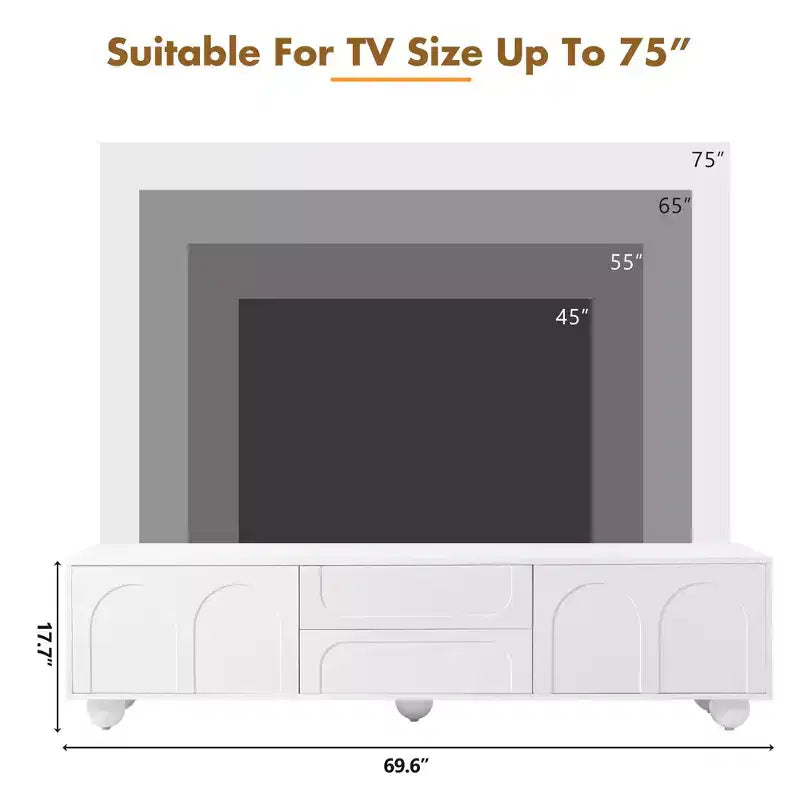 Meuble TV avec portes arquées et 2 tiroirs, Noir/Blanc, Convient aux téléviseurs jusqu'à 75", 1 pièce