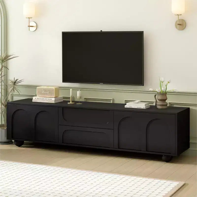 Meuble TV avec portes arquées et 2 tiroirs, Noir/Blanc, Convient aux téléviseurs jusqu'à 75", 1 pièce