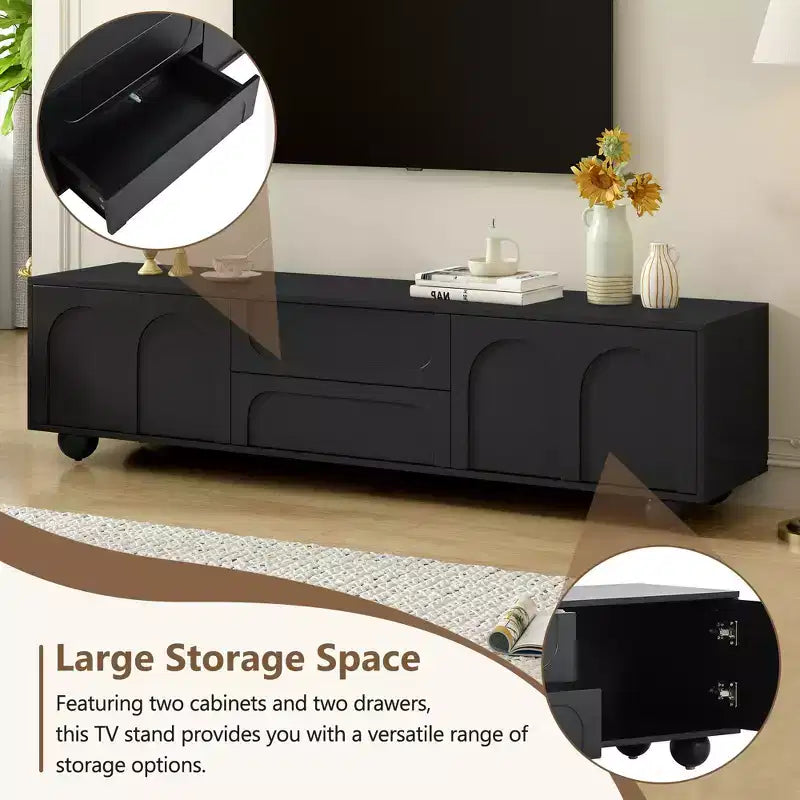 Meuble TV avec portes arquées et 2 tiroirs, Noir/Blanc, Convient aux téléviseurs jusqu'à 75", 1 pièce