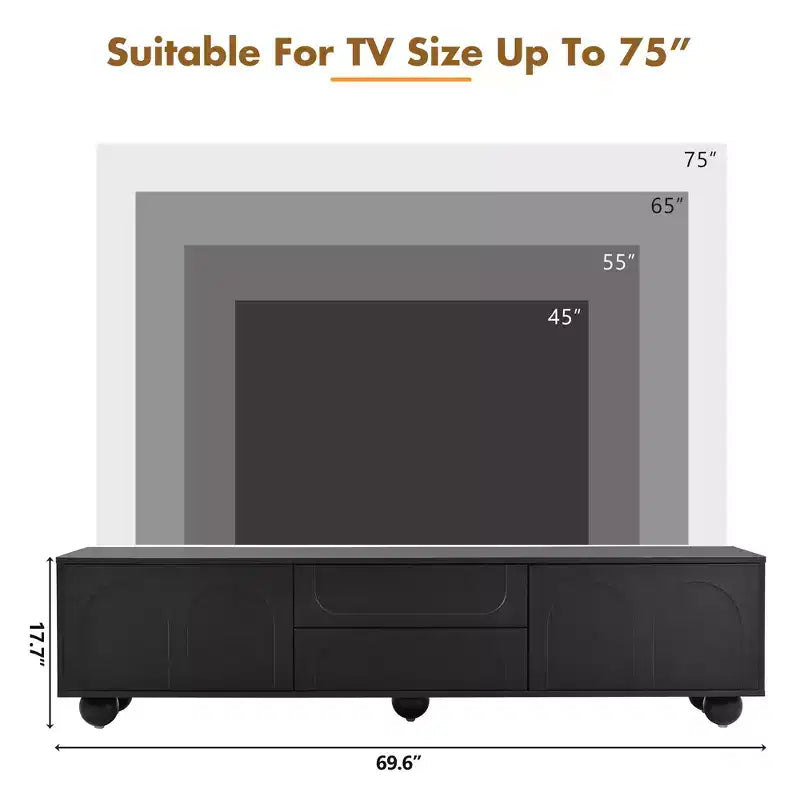 Meuble TV avec portes arquées et 2 tiroirs, Noir/Blanc, Convient aux téléviseurs jusqu'à 75", 1 pièce