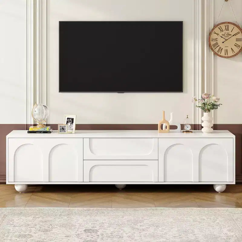 Meuble TV avec portes arquées et 2 tiroirs, Noir/Blanc, Convient aux téléviseurs jusqu'à 75", 1 pièce