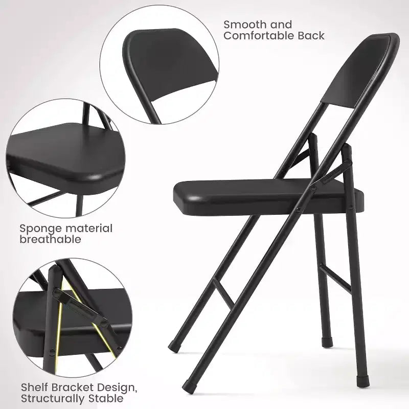 Chaise pliante noire sans accoudoirs avec dossier, structure en métal, 1 place