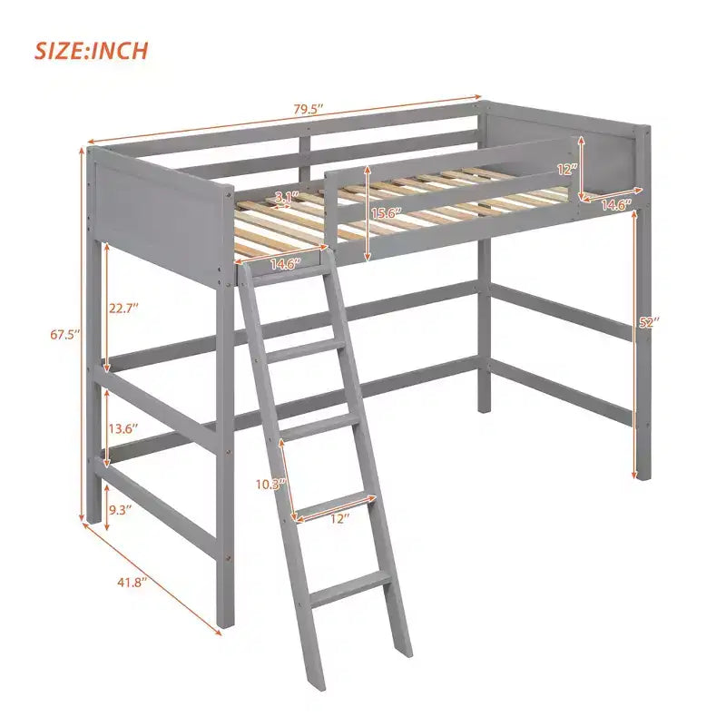Lit mezzanine jumeau avec échelle et barrières de sécurité – Espresso / Gris / Blanc, 1 place, Bois massif