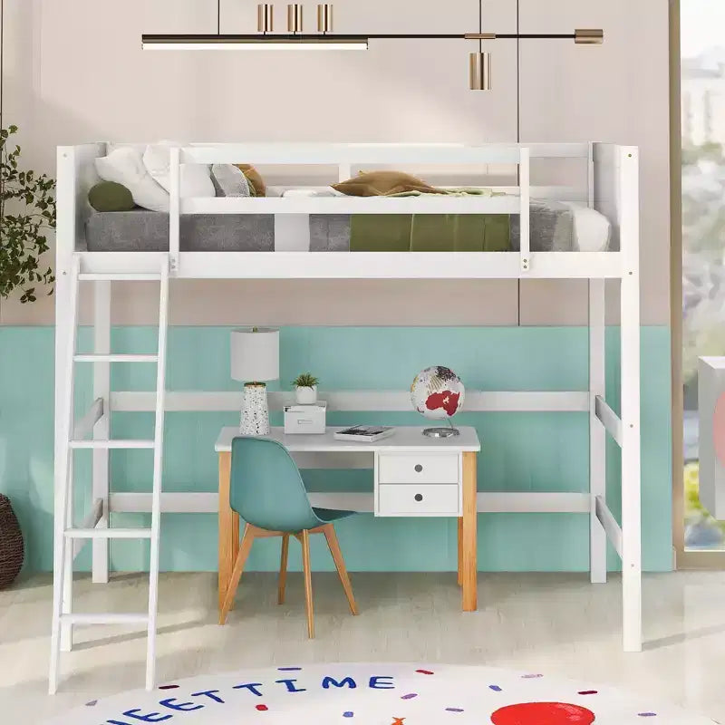 Lit mezzanine jumeau avec échelle et barrières de sécurité – Espresso / Gris / Blanc, 1 place, Bois massif