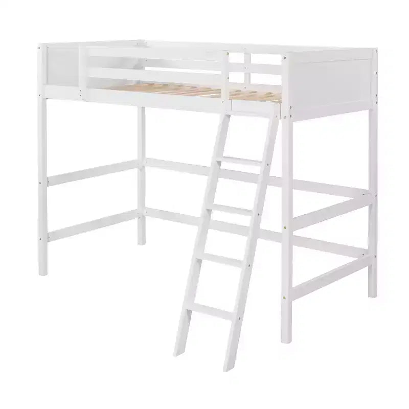 Lit mezzanine jumeau avec échelle et barrières de sécurité – Espresso / Gris / Blanc, 1 place, Bois massif