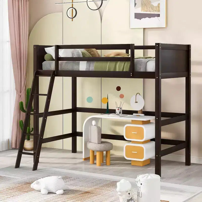 Lit mezzanine jumeau avec échelle et barrières de sécurité – Espresso / Gris / Blanc, 1 place, Bois massif