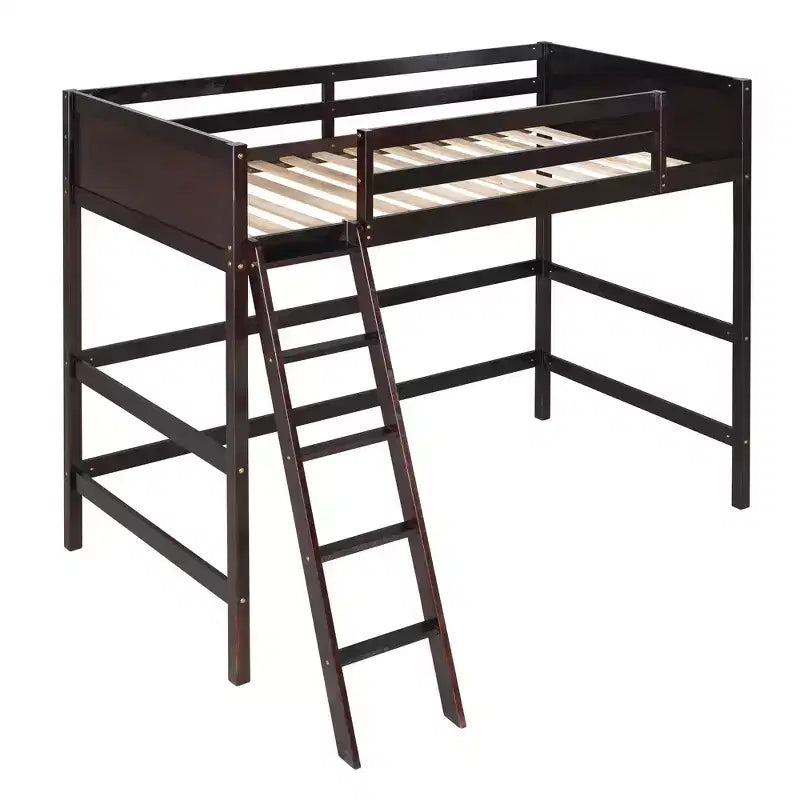 Lit mezzanine jumeau avec échelle et barrières de sécurité – Espresso / Gris / Blanc, 1 place, Bois massif