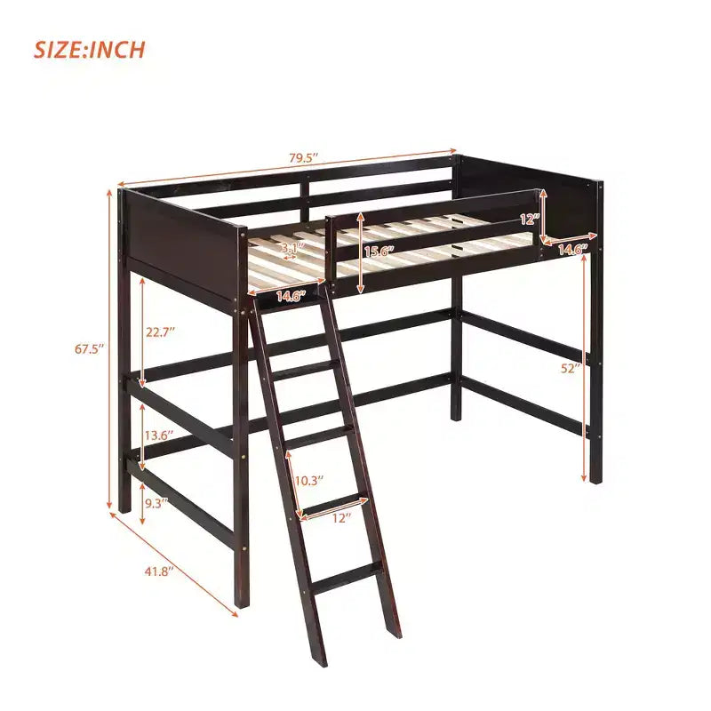 Lit mezzanine jumeau avec échelle et barrières de sécurité – Espresso / Gris / Blanc, 1 place, Bois massif
