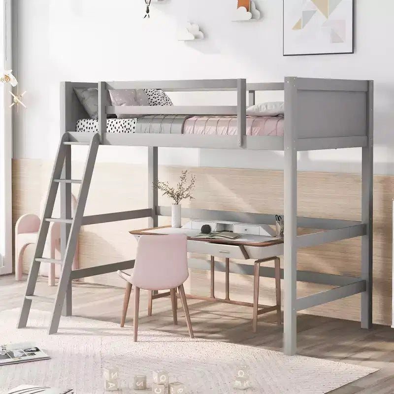 Lit mezzanine jumeau avec échelle et barrières de sécurité – Espresso / Gris / Blanc, 1 place, Bois massif